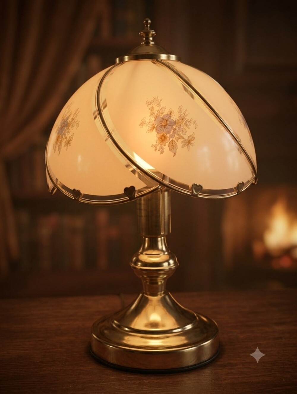 Brass Table Lamp with White Floral Glass Shade - Classic Home Accents